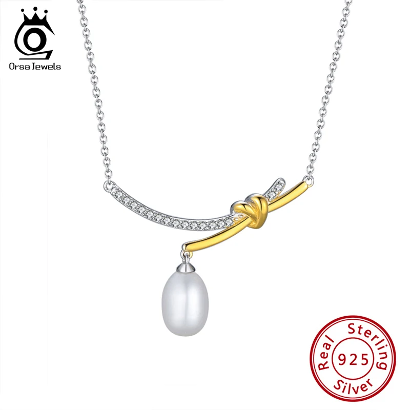 

ORSA JEWELS 8*10 мм белый натуральный пресноводный жемчуг кулоны ожерелья 925 серебро позолоченный узел циркония ключицы цепь GPN01