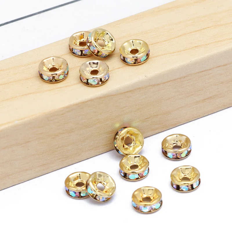 50pcs/lot 4 6 8mm Round Flat Spacer Rhinestone Beads Gold Color Metal Crystal Beads For Jewelry Making DIY Bracelet Accessories