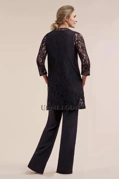 Black Three Piece Mother of the Bride Pant suits With Lace Jacket