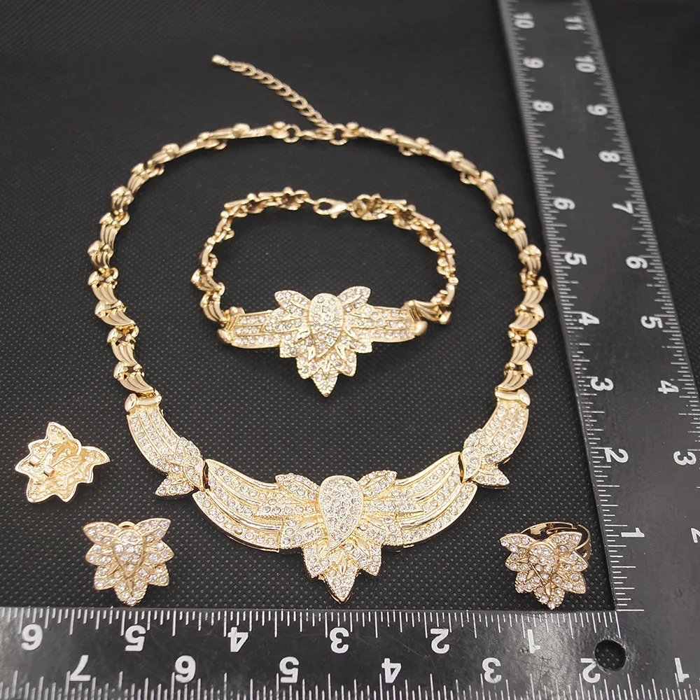 Yulaili Women African Jewelry Sets Gold Color Crystal Bridal Wedding Elegant Romantic Necklace Earrings Bangle Ring Jewelery Set