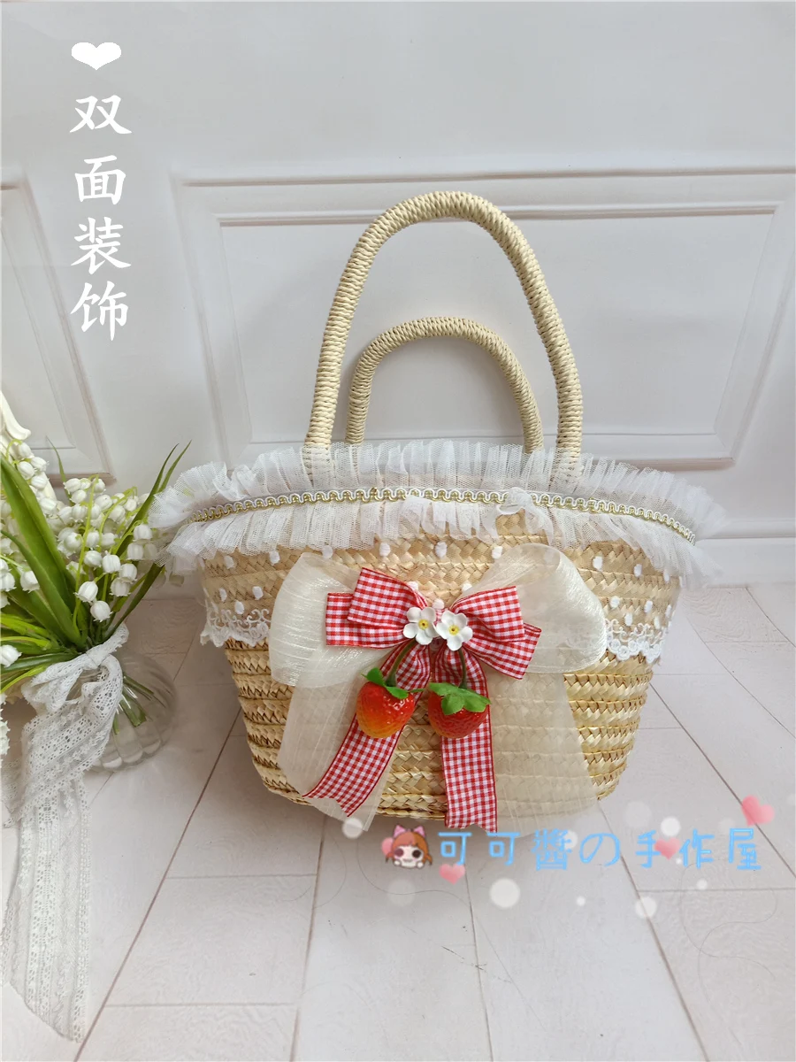 Lolita Strawberry Cabas Woven Rattan Bag Straw Hat Wheat Straw Handbag Lolita Picnic Photo Outdoor Bag