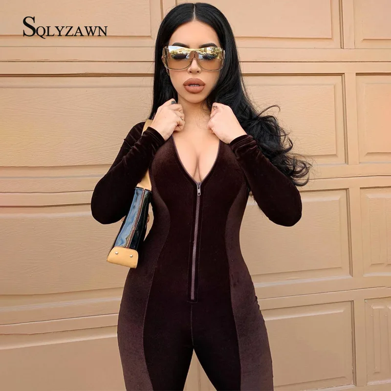 Velvet Sweatsuit 2020 Autum Streetwear Slim Fit Long Sleeve Zipper One Piece Romper Casual Skinny Long Trousers Fitness Jumpsuit