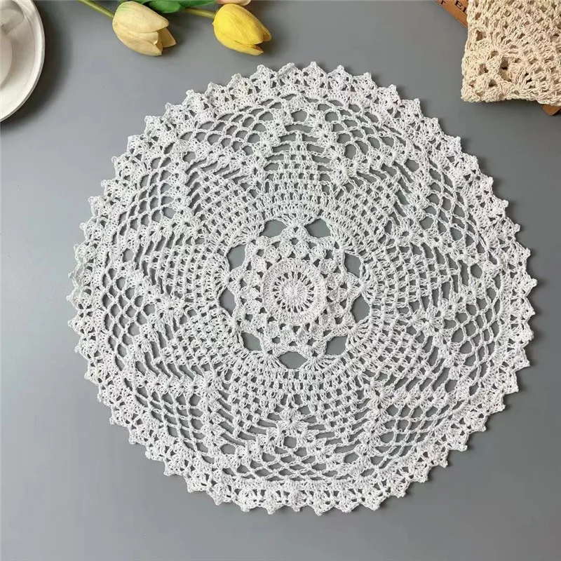 40CM Round Luxury White Beige Cotton Crochet Flowers Lace Table Cloth Dining Placemat Coffee Tea Cup Mat Wedding Christmas Pad