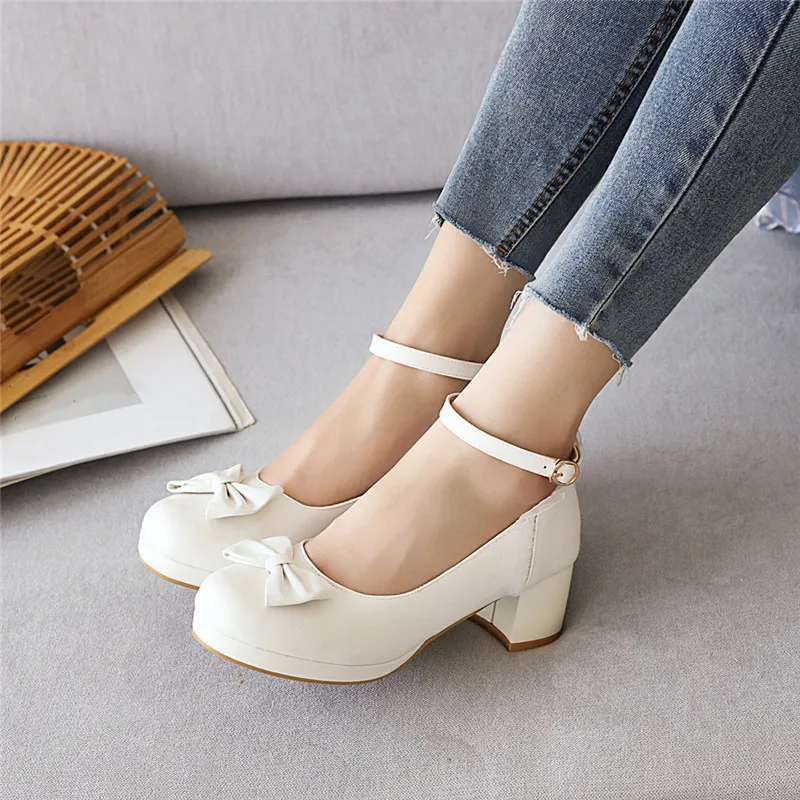 YQBTDL białe ślubne buty na obcasie różowy blok gruby obcas Lolita buty kobieta księżniczka łuk węzeł klamra na kostce letnie kobiety pompy 43