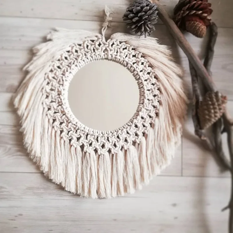 Home Wall Decor Mirrors Handmade Cotton Rope Braided Mirror Tassel Tapestry Decorative Mirrors Living Room Bedroom Makeup Mirror