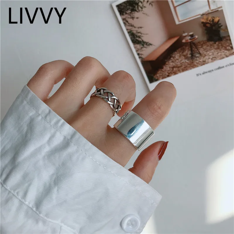 LIVVY เงินสี Twist ทอแหวนหญิงใหญ่ Smooth Wide แหวน Retro Retro หรูหรา Distressed เปิดเครื่องประดับ