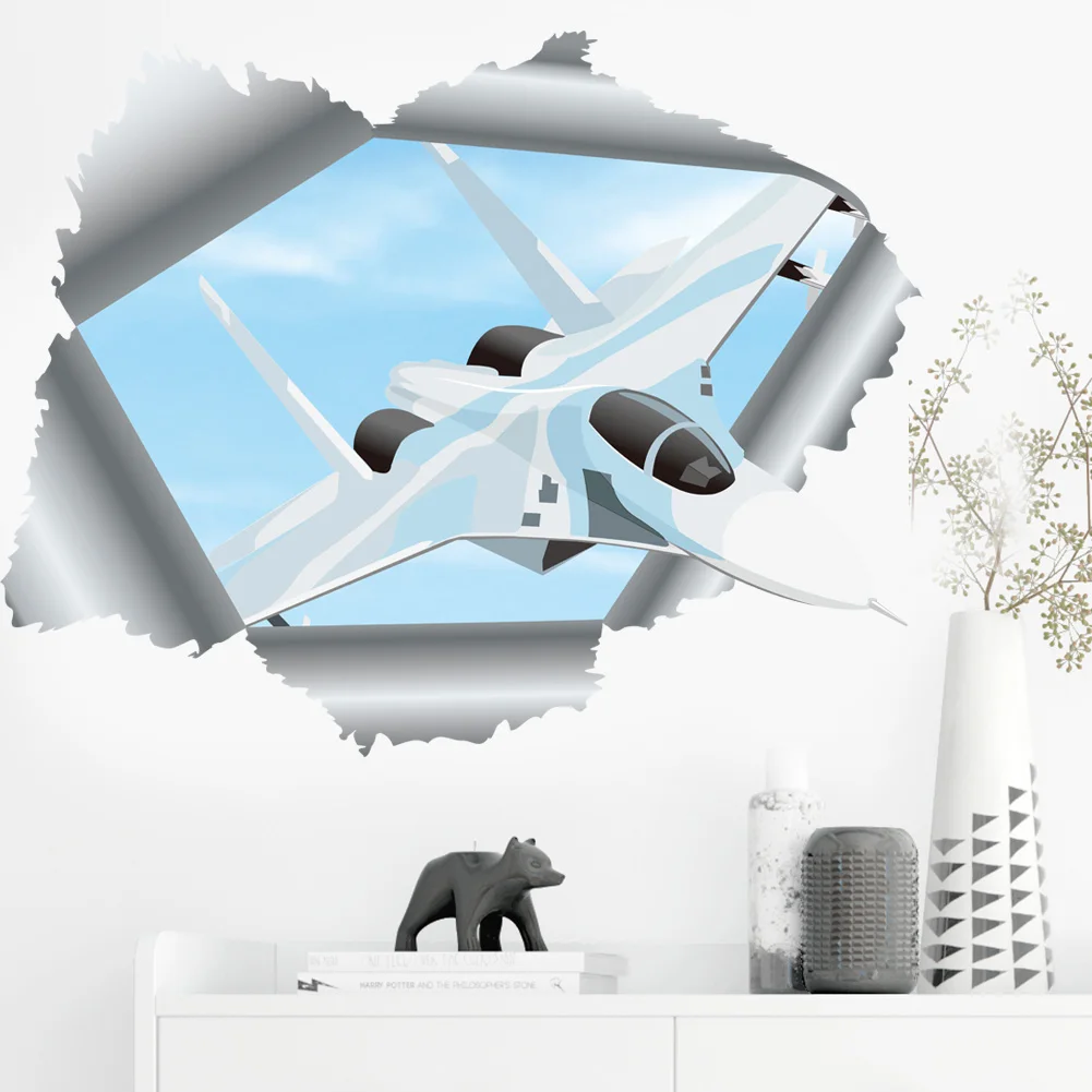 6 styles 3D broken wall airplane creative home wall stickers chariot decoration stickers for kids bedroom