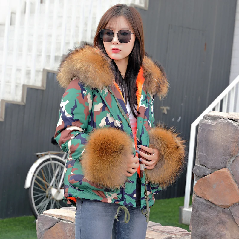 

Down jacket thick winter hooded jacket oversized raccoon fur collar green camouflage women's jacket