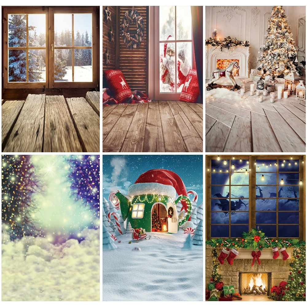 

Laeacco Christmas Wooden Floor Window Photography Background Child Portrait Party Backdrop For Photo Studio Photozone Photophone