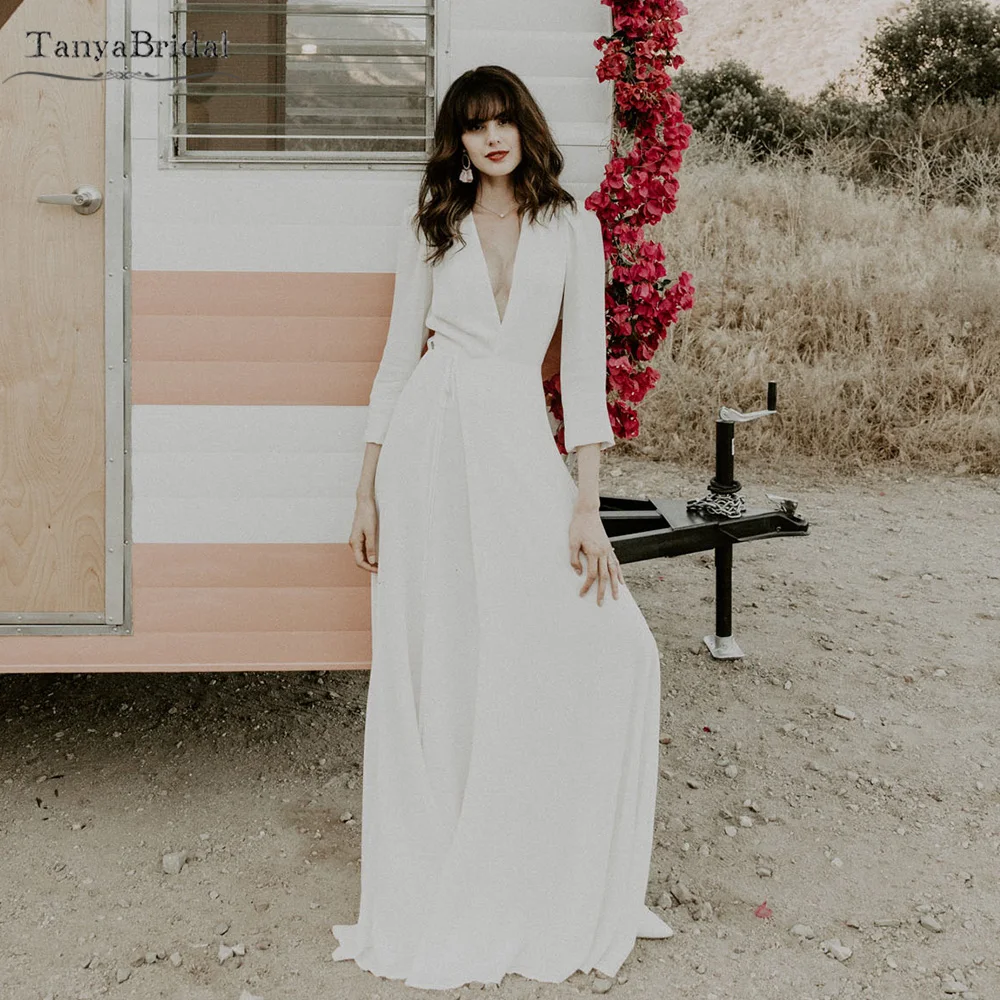 간단한 긴 소매 웨딩 드레스 v 넥 라인 우아한 부드러운 새틴 신부 가운 스플릿 약혼 가운 Beach Noivas DW514