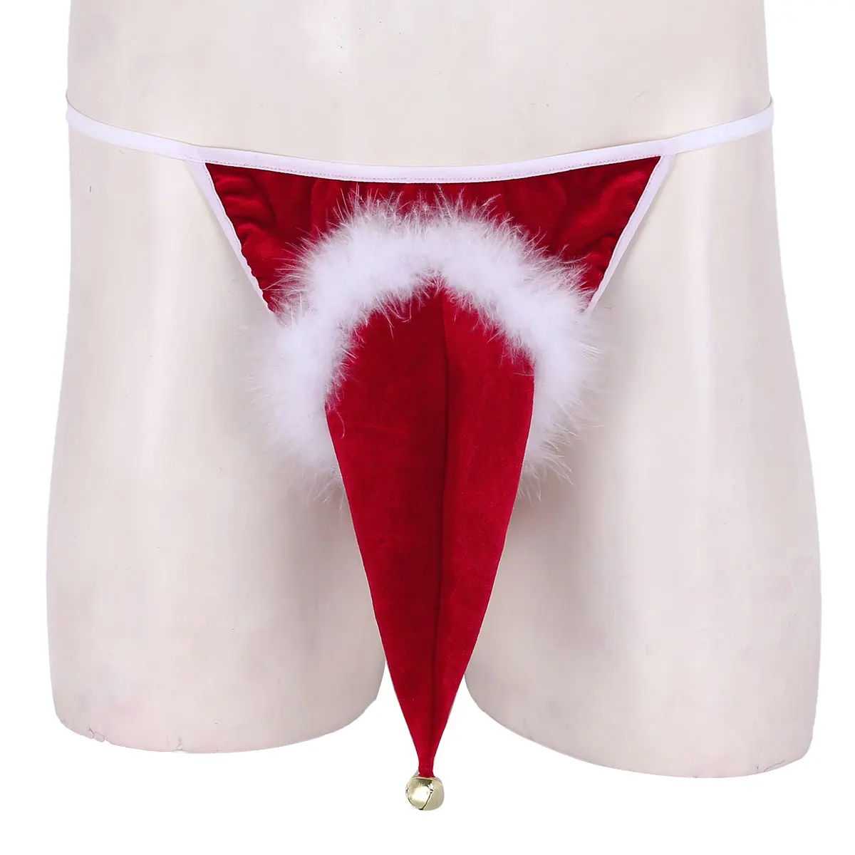 Lencería de terciopelo rojo para hombre, sombrero de Papá Noel, ropa interior de Navidad, vestido de lujo, disfraz de Cosplay de Navidad, Tanga con campana pequeña