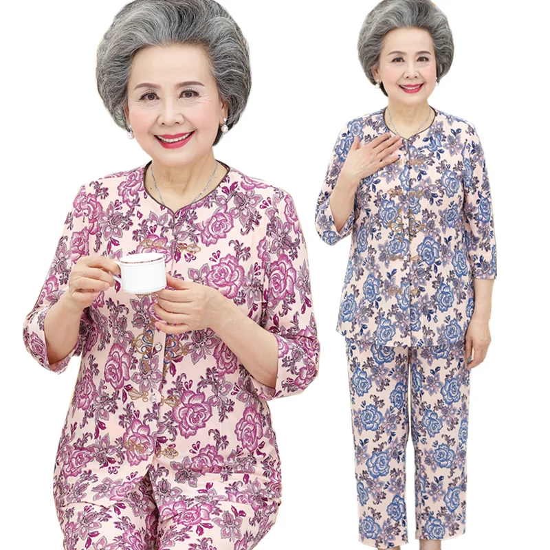 

Middle-aged and Elderly Women's Sets Spring Summer New Printing T-shirt & Pants 2 Pcs Sets Suit Home Service Granny Clothing