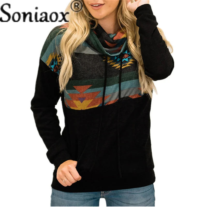 Sudadera de manga larga con capucha para mujer, suéter holgado informal con bolsillo, estampado de retales, Tops básicos, invierno, 2021