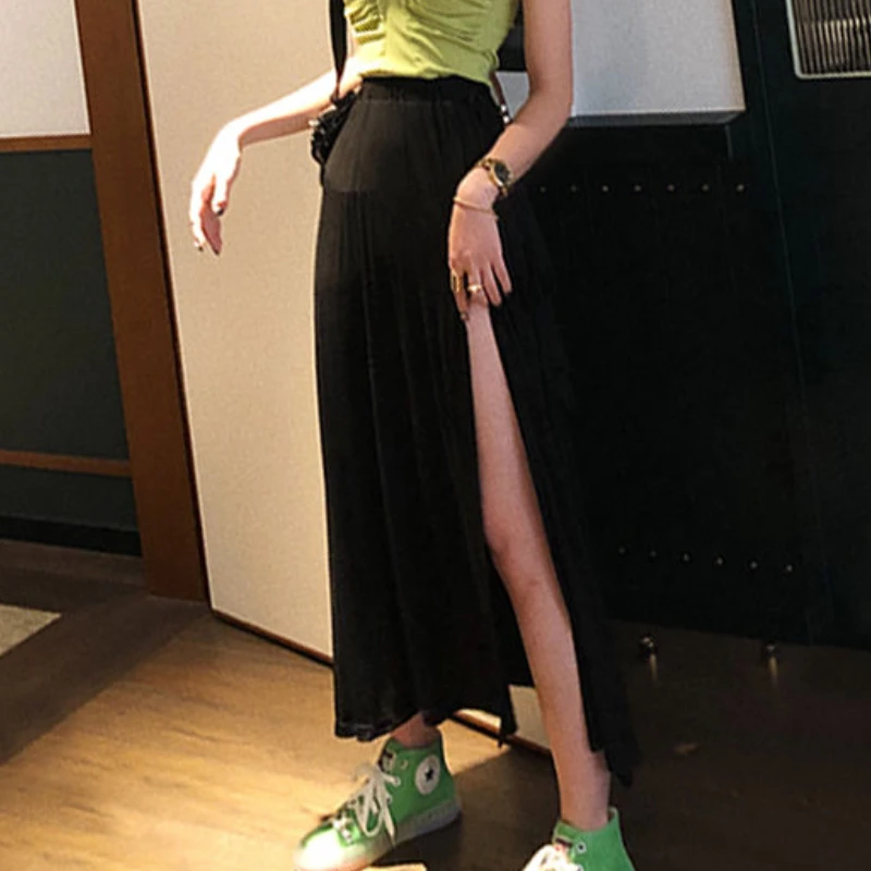 Skirts Women Side Slit Fashion Summer All-match Ankle-length Sexy Casual Korean Style Baggy Empire Comfort Female College Folds