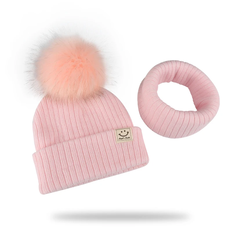 Winter Unisex Faux Fur Pompon Hat Scarf For Kids Boys Girls Knitted Baby Caps With Pompom Bonnet Children\'s Accessories