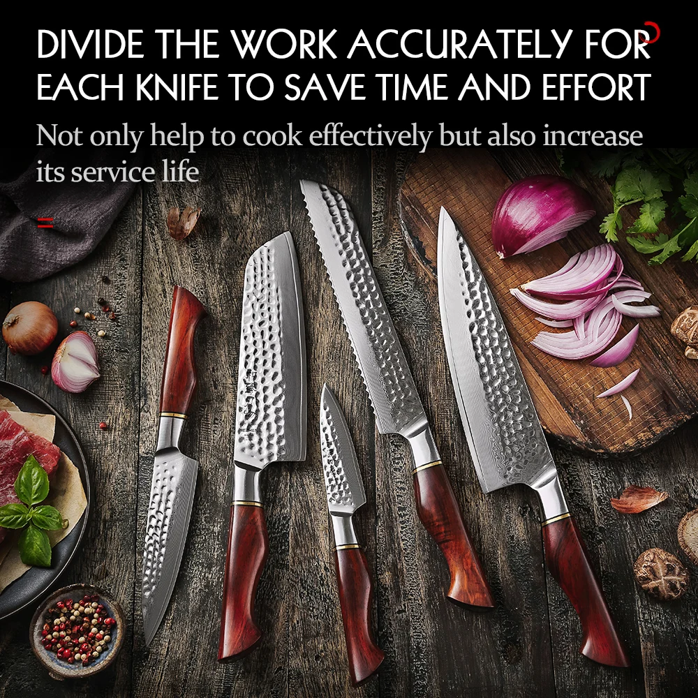 HEZHEN 1-5PC Kitchen Knife Set Slicing 73-Layer Powder Damascus Steel Rosewood Handle Chef Santoku Nakiri Utility knives