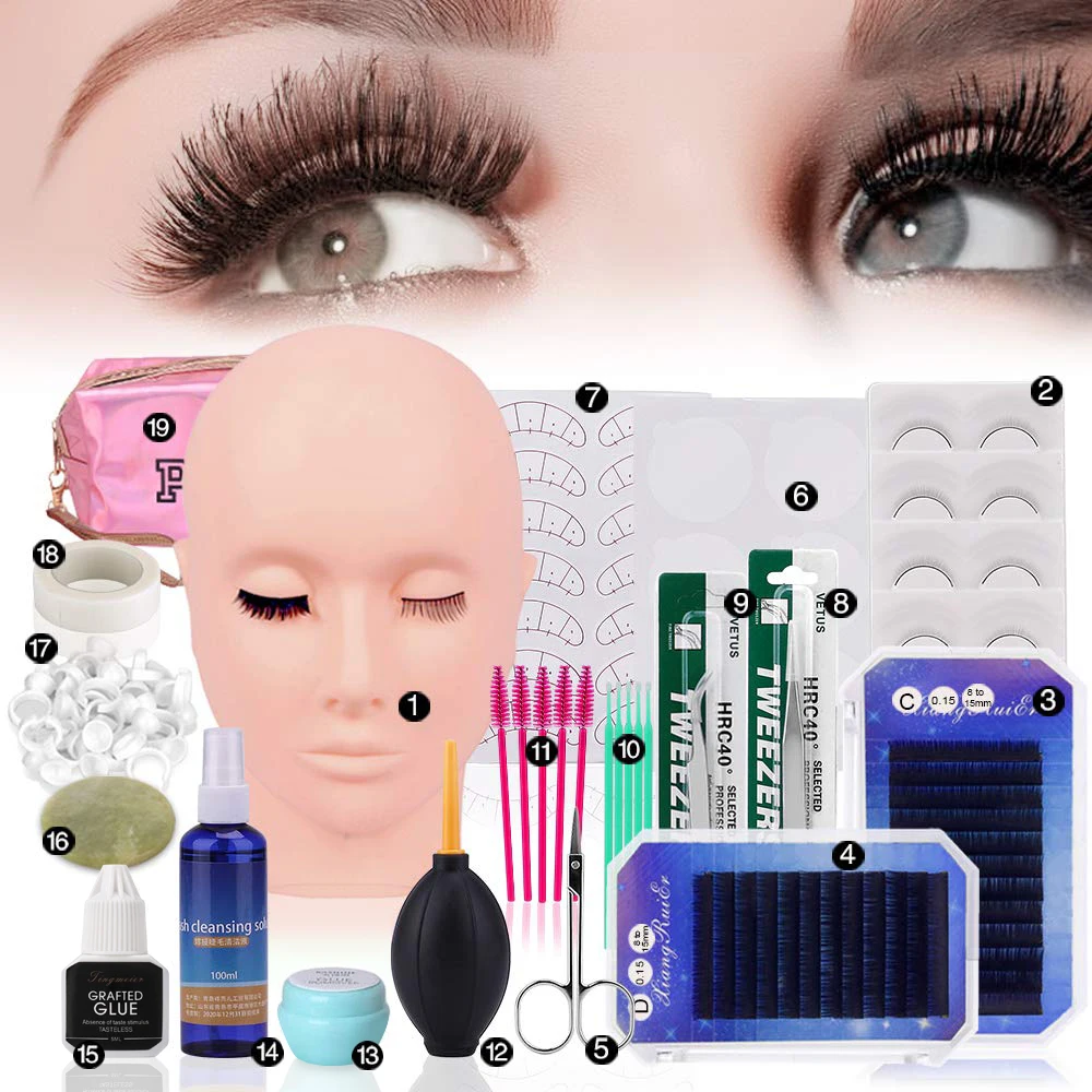 22 in 1 False Eyelash Extension Training Kit Practice Model Head Eye Pad Tweezers Glue Ring Brush 19pcs Grafting Eyelash Tools