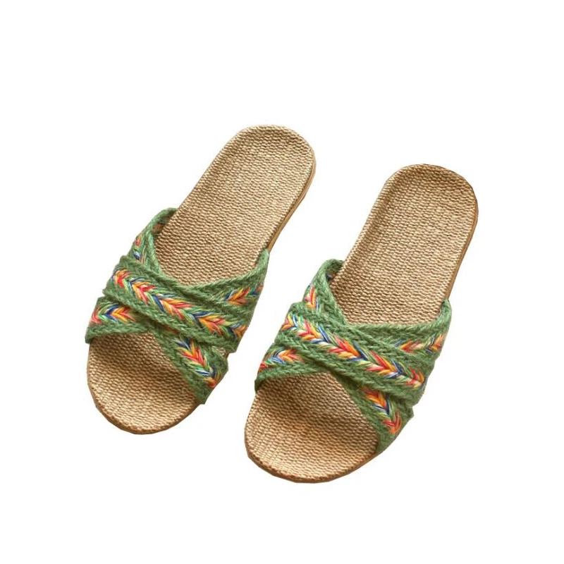 البوهيمي ريترو ستايل الكتان الشرائح الصيف بارد شبشب منزل النساء الصنادل المنزلية