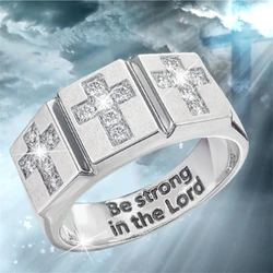 Business Men's Cross Crystal Pattern Ring Exquisite Men's Plate Ring Fashion Cross Ring Prayer Blessing Ring Christian Jewelry