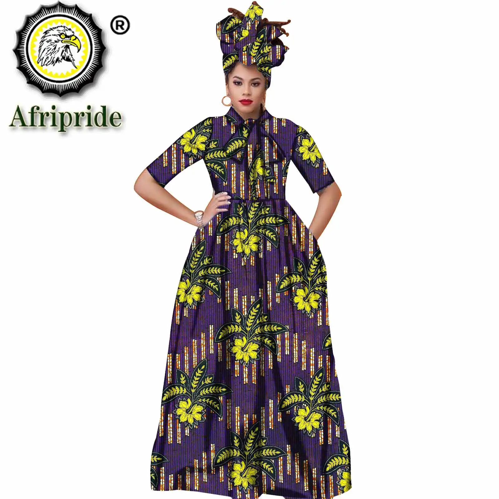 Women Maxi Dress African Ankara Print Dresses and Headwrap 2 Piece for Women Short Sleeve for Party Wedding Evening S1925121