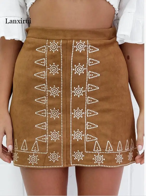 Autumn Vintage Symmetry Embroidered High Waist Skirts Women OL Style Suede Leather Pencil Skirt Winter Casual 90's Skirt