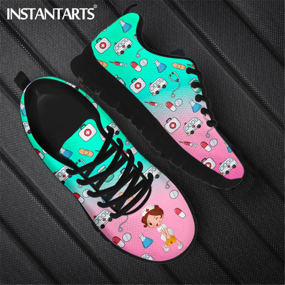 INSTANTARTS Gradient Cartoon Nurse Doctor Brand Design Mesh Flat Sneakers Spring Autumn Nursing Shoes Ladies Lace Up Footwear