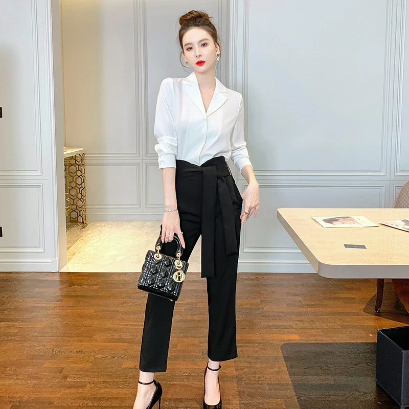 Fashion Women Casual Vintage Single Breasted V-Neck Long Sleeve Tops Shirt Blouse Belt High Waist Long Pants Female 2 Pieces Set