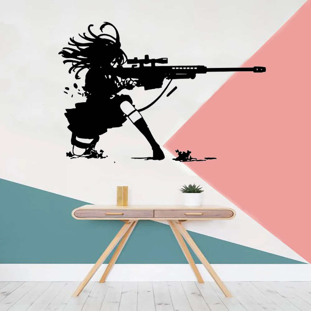 Anime Manga Girl Sniper Rifle Shooting Wall Sticker Army Gun War Wall Decal Girl Room Bedroom Playroom Vinyl Home Decor