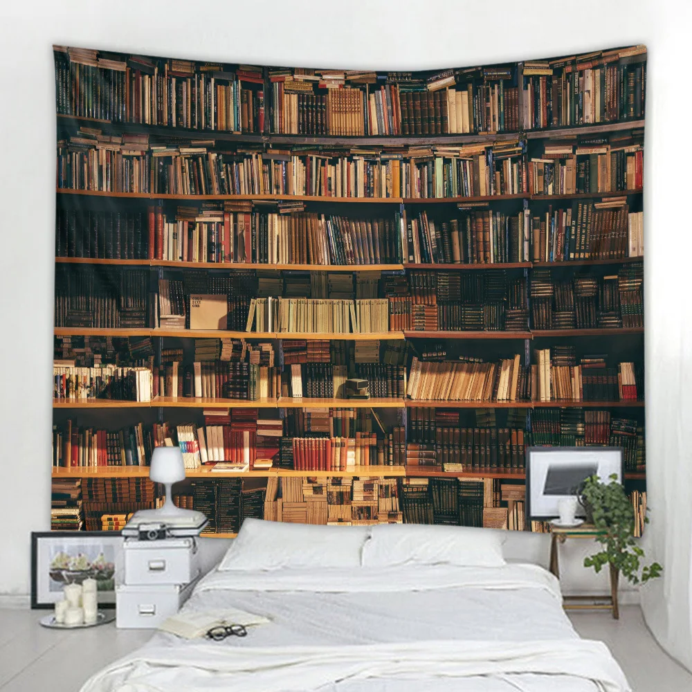 Fake Bookcase Library Bookshelf Tapestry Wall Cloth Home Study Background Decoration Retro Vintage European Hanging Tapestries