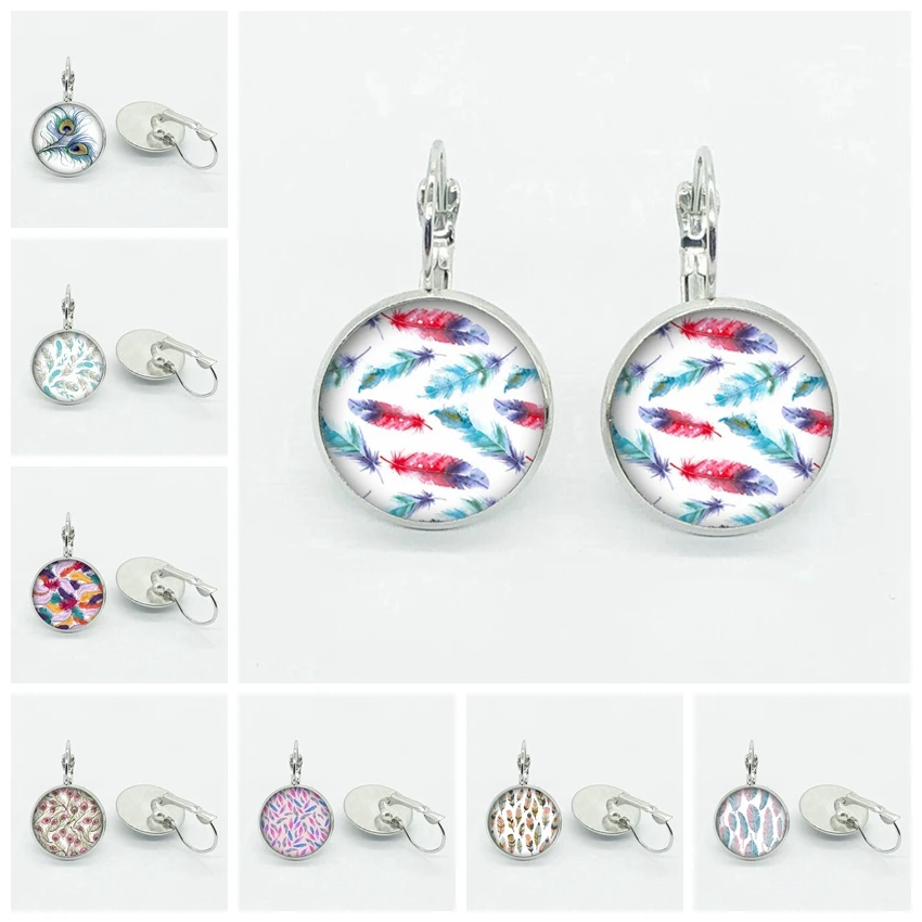 New Colorful Peacock Bird Feather Earring Charm Feather Image Round Glass High-End Earrings Women's Accessories Wholesale