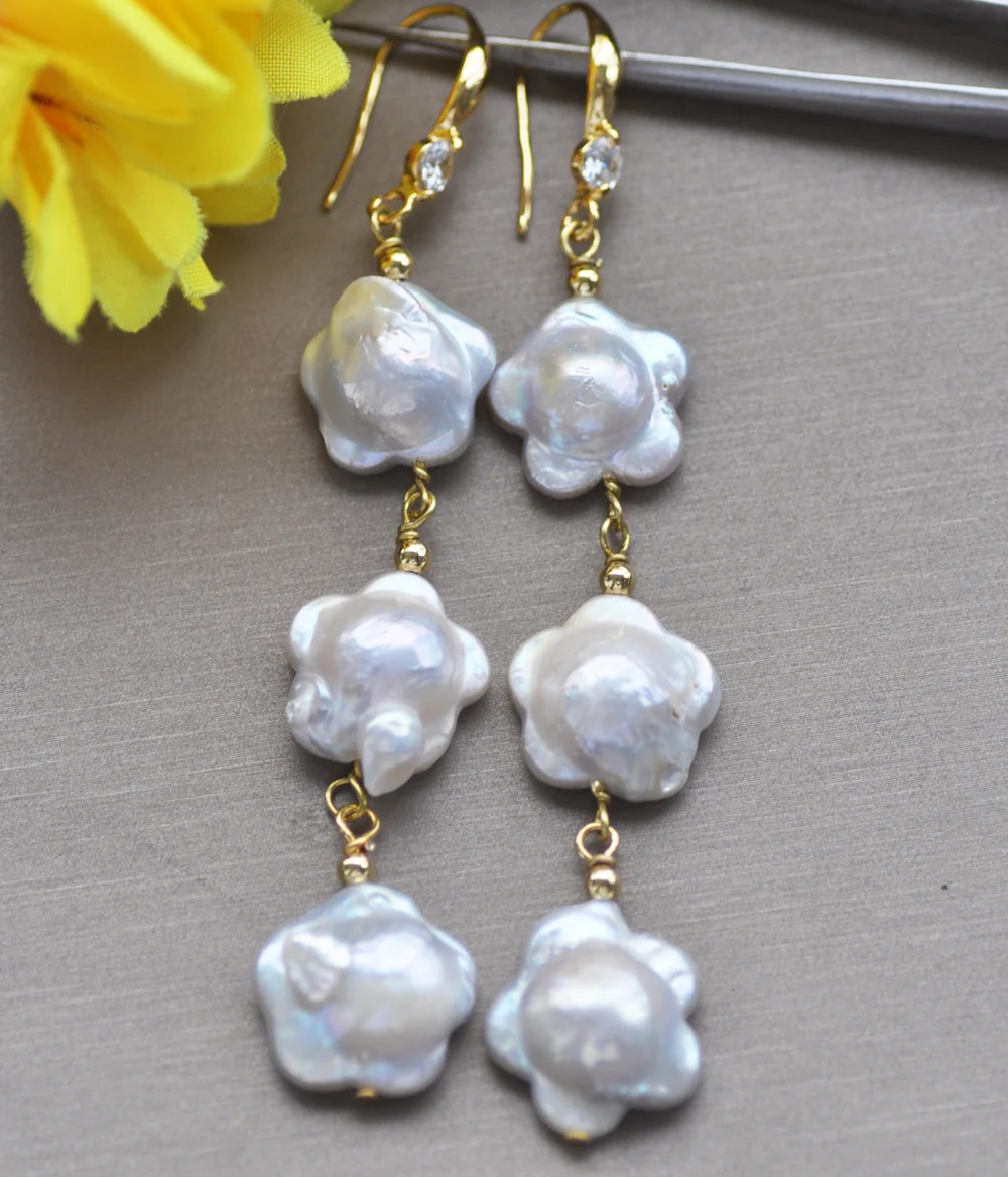 Z10771 3Row 16mm White Coin Plum-blossom Pearl Dangle Earring CZ