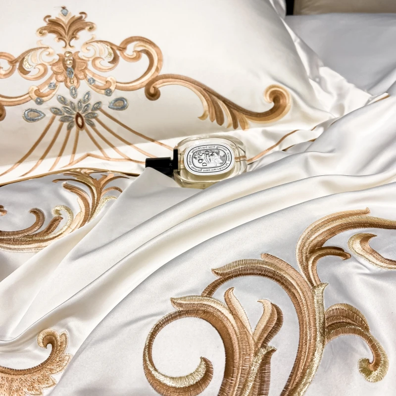 Imagem -05 - Golden Embroidery Duvet Cover Conjunto Queen King Size Pearl White Satin Cama de Algodão Lençol Colcha Fronhas Têxteis-lar