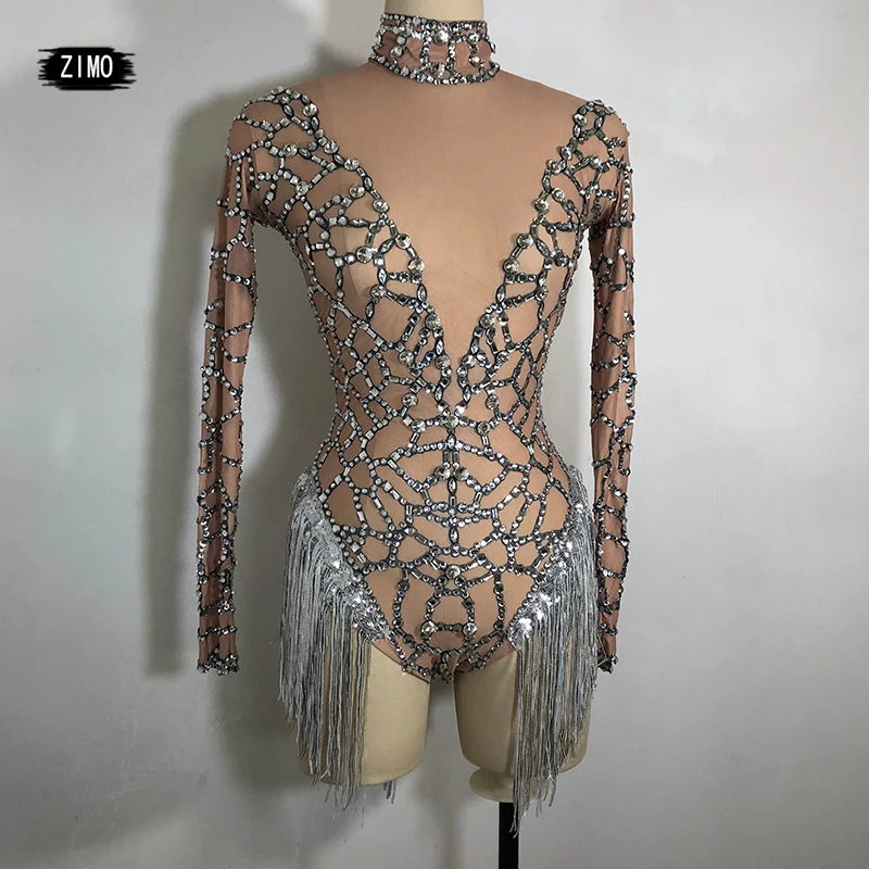 

Sparkly Rhinestones Tassel Bodysuit women Sexy Nude Mesh Nightclub Show Dance Costume pole Bar DJ Singer Stage Performance Wear