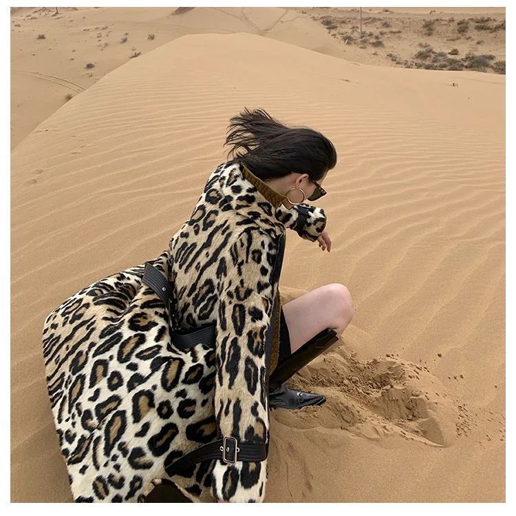 Lautaro Winter Long Leopard Print Warm Fluffy Faux Fur Trench Coat for Women Long Sleeve Double Breasted European Fashion 2021