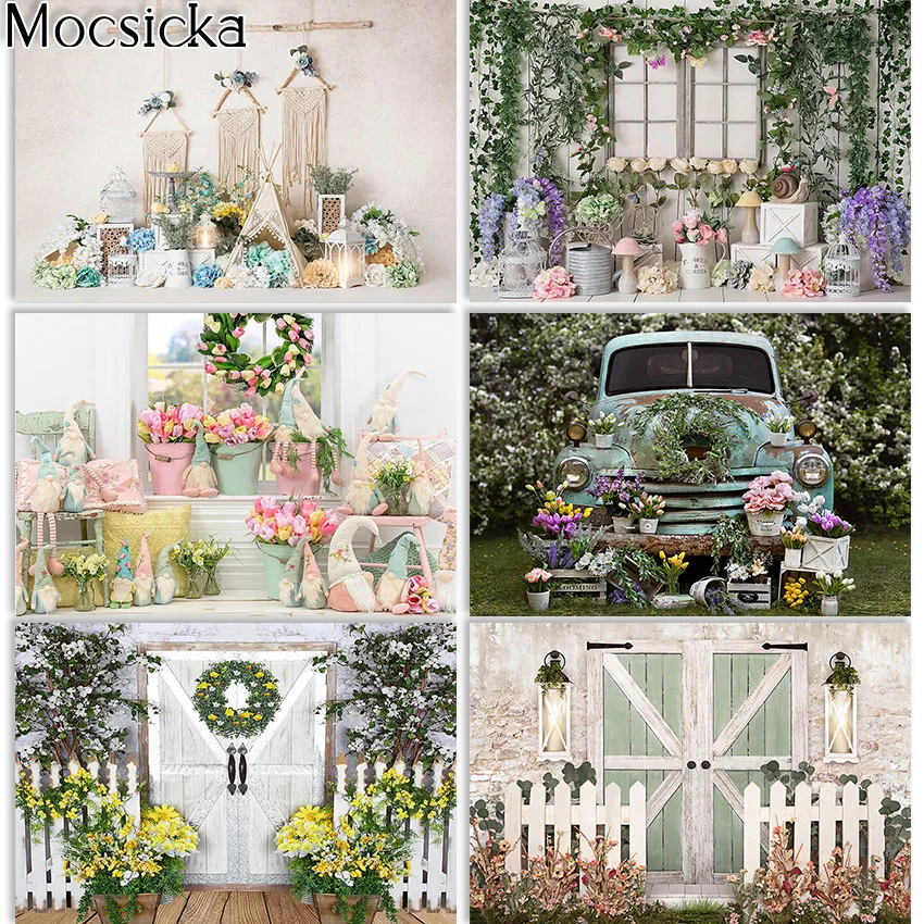 Mocsicka Spring Flowers Photography Backdrops Vintage Rustic Garden Background Photographic Studio Photoshoot Backdrop