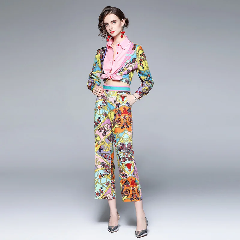 High Quality Luxury Runway Print Two Piece Set Autumn Women Vintage Long Sleeve Buttons Shirt Top + High Waist Pants Suits