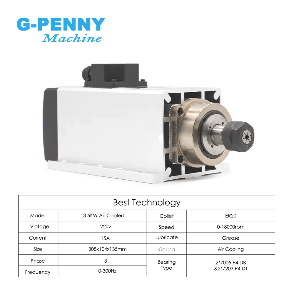 G-Penny 3.5kw ER20 Air Cooled Spindle Motor With Flange 4pcs Bearings 0.01mm Accuracy 220v/380v Wood Working Spindle AIr Cooling