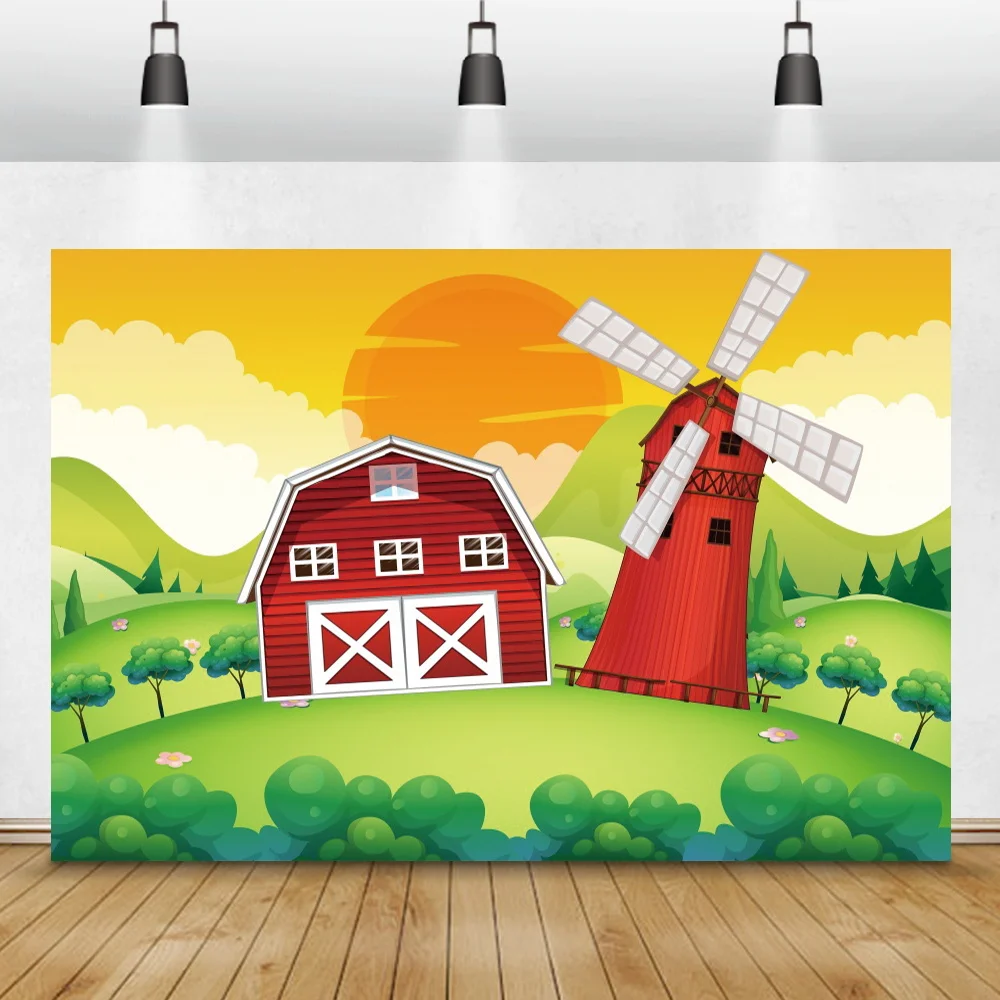 Laeacco Pink Farm Animals Baby Shower Birthday Party Photography Backdrop Sky Clouds Sun Party Decor Customized Photo Background