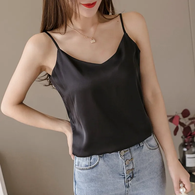 Spaghetti Strap Top Sexy Satin Silk Tank Tops Women Halter V Neck Basic black Cami Sleeveless Summer Camisole Plus Size