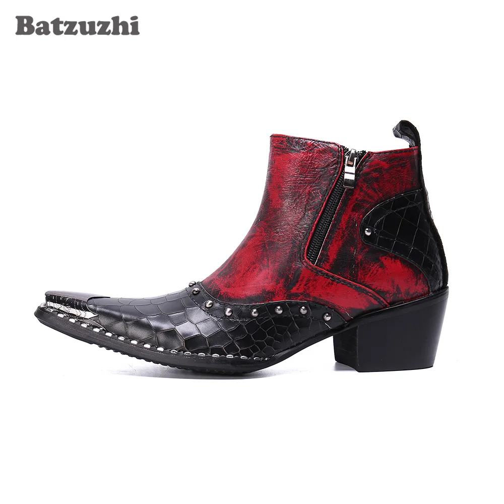 

Batzuzhi Punk Men's Leather Boots Pointed Toe Zip 6.5cm Heels High Men Ankle Boots for Party and Wedding chaussure homme, 38-46