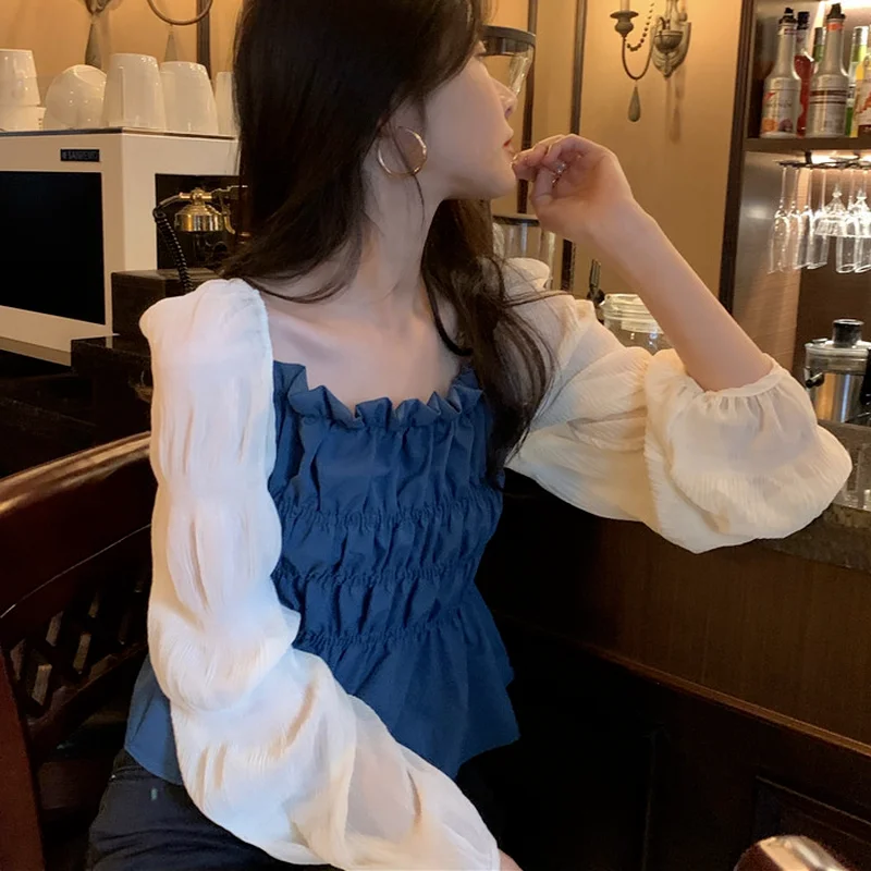 Blouses Women Patchwork Simple Fashion Square Collar Leisure Vintage Popular Chiffon Spring Feminine Clothing Ins All-match Soft