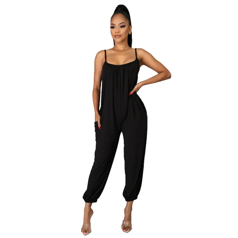 S-2XL Summer Casual Simple Solid Black Jumpsuits Women Sleeveless Sling Outfit Loose Romper Wholesale Dropshipping