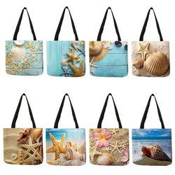 Sac à main en lin pour femmes, sac à bandoulière bleu océan étoile de mer plage sable imprimés fourre-tout Shopping tissu lin beau décontracté pratique