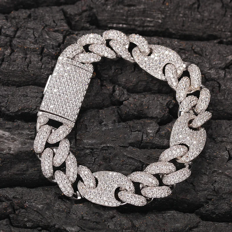 Hip Hop Micro Paved AAA Cubic Zirconia Bling Iced Out Solid Coffee Bean Cuban Link Chain Bangle Bracelet for Men Rapper Jewelry