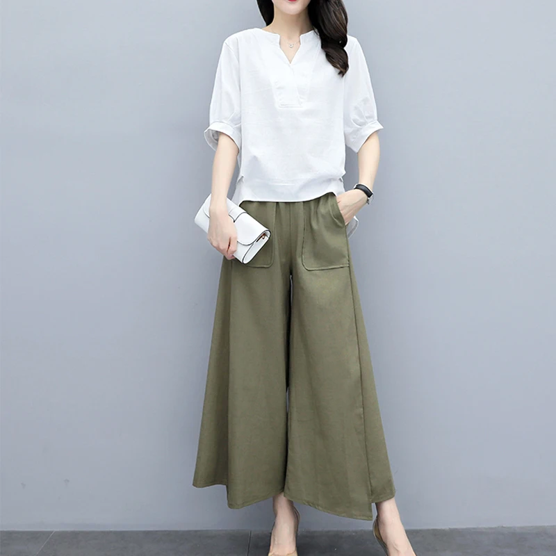 Summer Women's Wide Leg Pants Cotton Linen Fabric Casual Loose T Shirt + Casual Pants Two Piece Plus Size M-3XL Women Pants