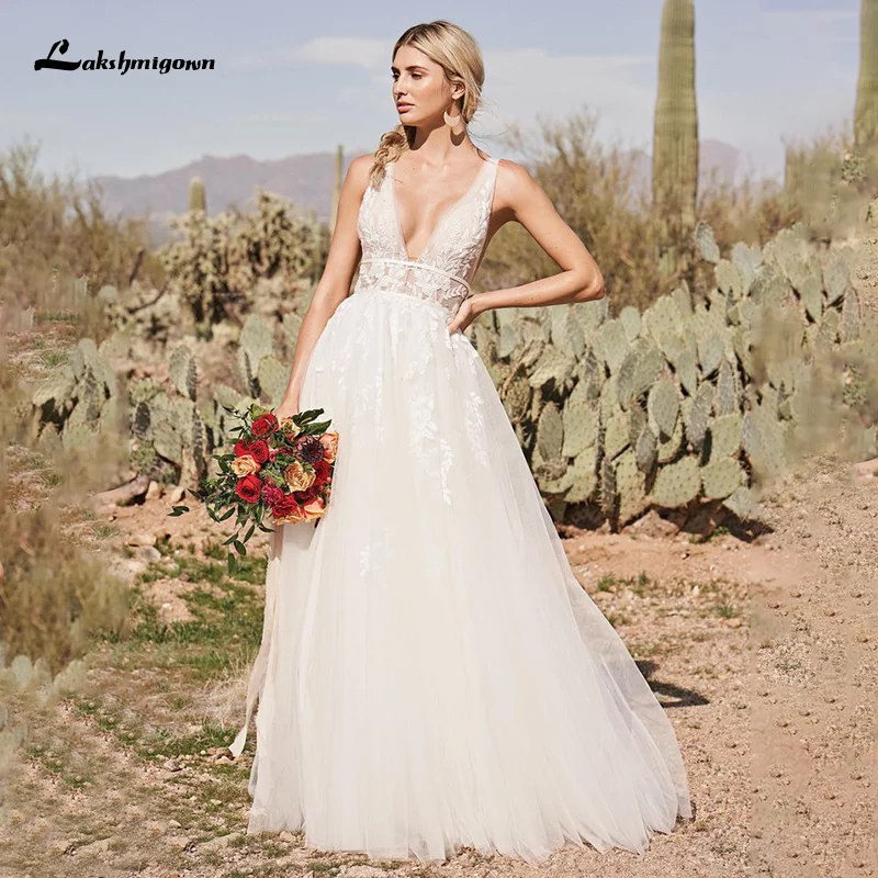 

Lakshmigown Boho Wedding Dress 2023 Open Back Elegant Wedding Gown Organza Sweep Train Backless Bridal Gowns vestido de novia