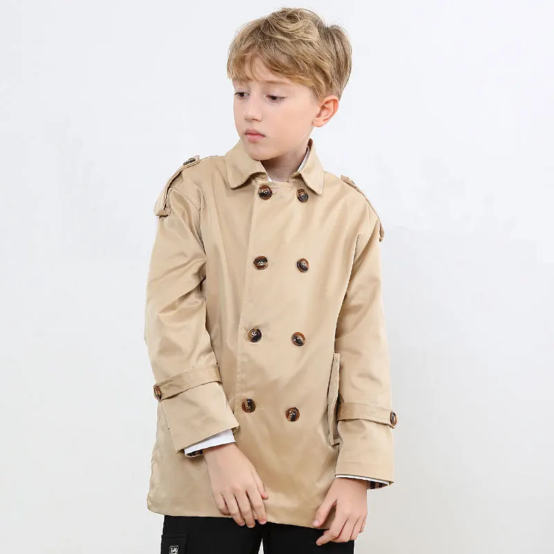 Khaki Jacket For Boys Double-Breasted Design Children Outerwear Kids Trench Coat For Teen Boys 2-14 Years Casual Windreaker