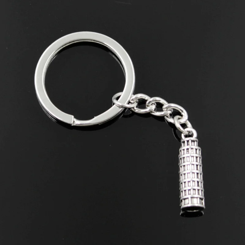 New Fashion Men 30mm Keychain DIY Metal Holder Chain Vintage Leaning Tower Of Pisa Italy 25x7mm Silver Color Pendant Gift