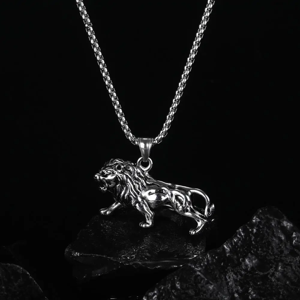 Hip Hop Stainless Steel Gold Color Men‘s Necklace King Lion Pendant Chain Animal Jewelry Male Gift