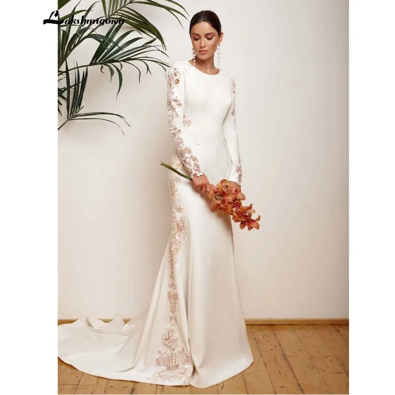 Glänzender Satin meerjungfrau Hochzeit Kleid 2020 Robe Femme Elegante Braut Kleid langen ärmeln Strand Hochzeit Kleider mit spitze gelinlik